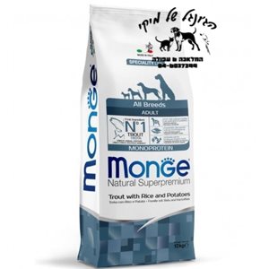 מונג' כלב בוגר כל גזע פורל אורז ותפו"א Monge all breeds adult Trout Rice Potatoes 12kg