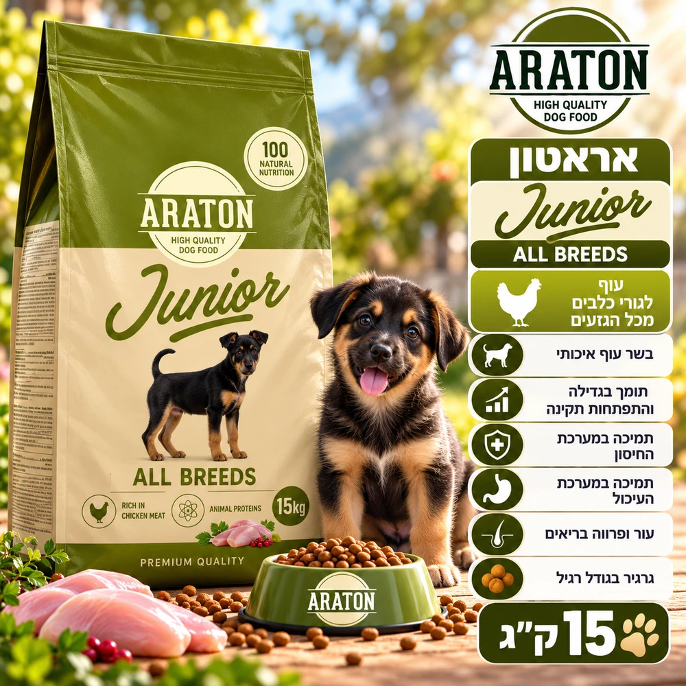 מזון יבש לגורי כלבים ARATON אראטון Junior עוף, 15 ק״ג