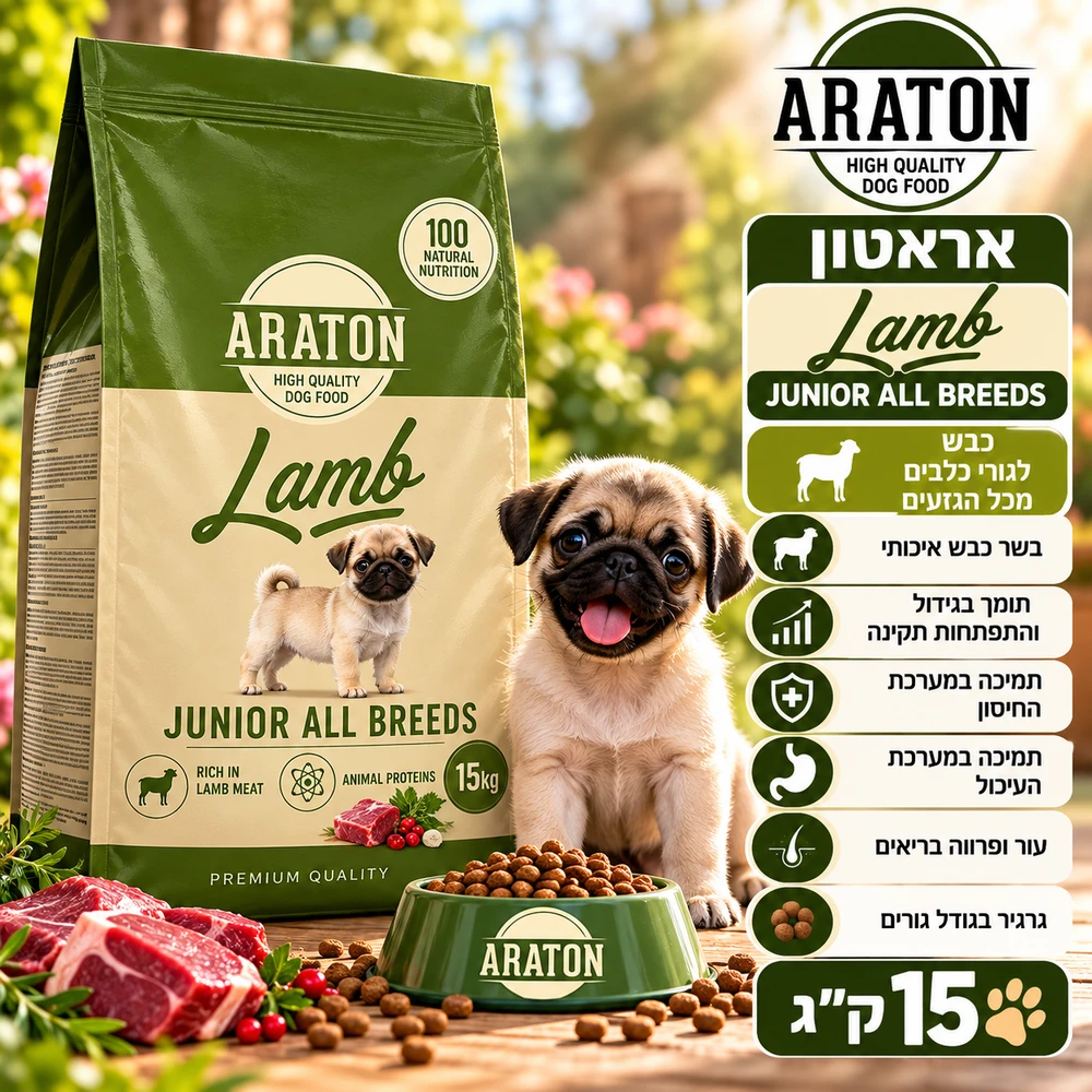 מזון יבש לגורים ARATON אראטון Lamb Junior כבש לכל הגזעים 15 ק״ג