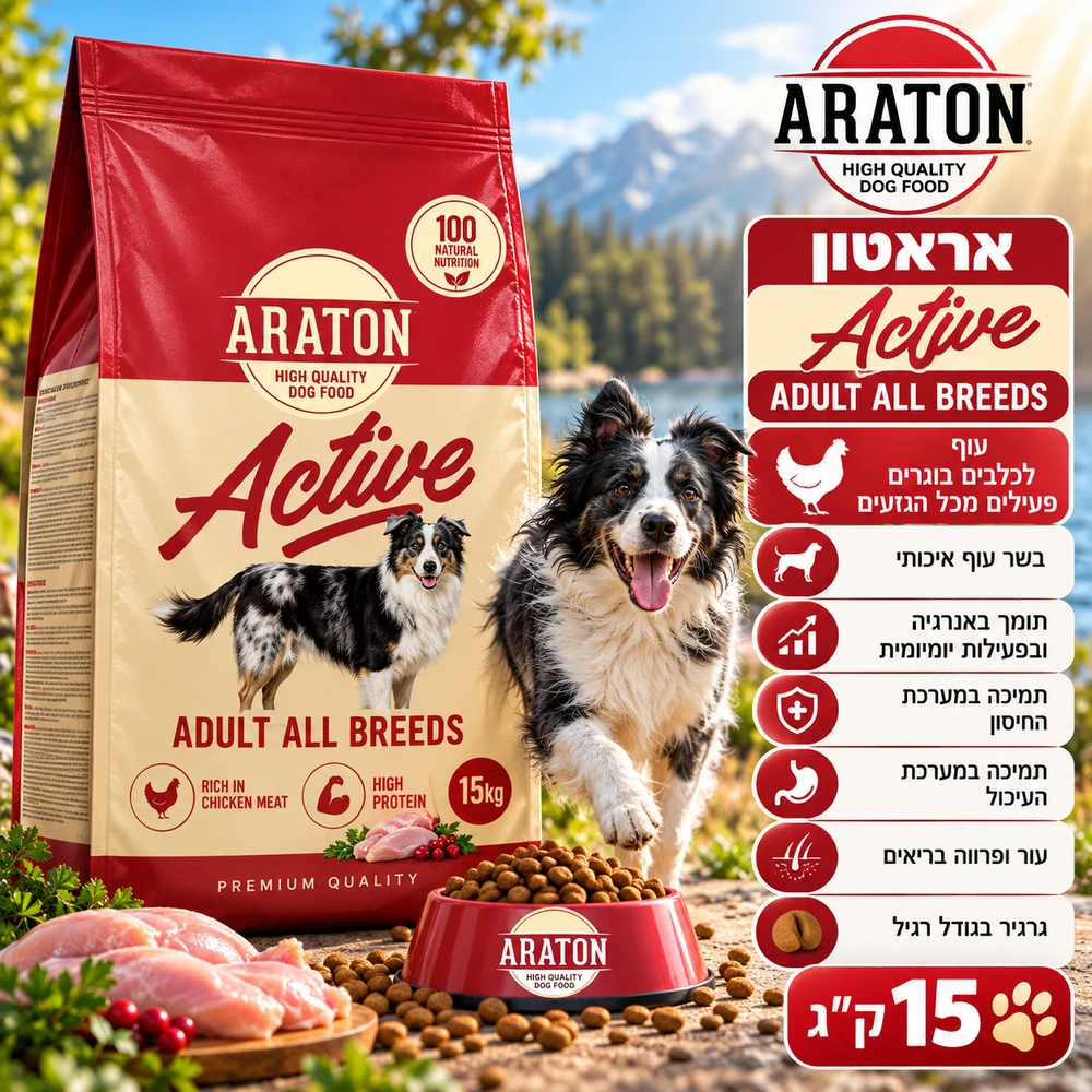 ARATON-אראטון עוף לכלבים בוגרים פעילים מכל הגזעים 15 ק"ג