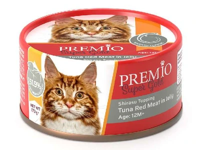 פרמיו שימורי מזון לחתול בוגר טונה אדומה בציפוי שירסו בגלי 170 גרם