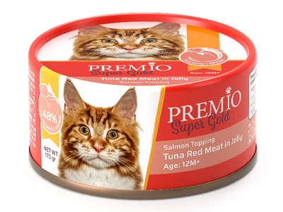 פרמיו שימורי מזון לחתול בוגר טונה אדומה בציפוי סלמון בגלי 170 גרם