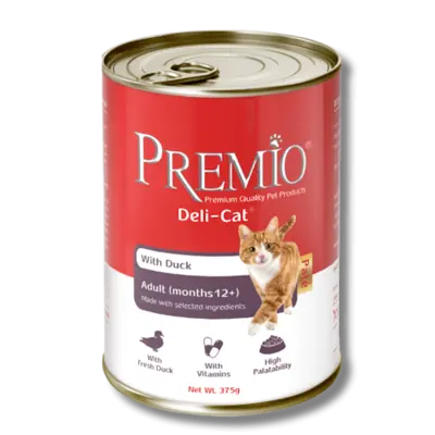 פרמיו שימורי מזון משלים פטה לחתולים בוגרים בטעם ברווז 375 גרם