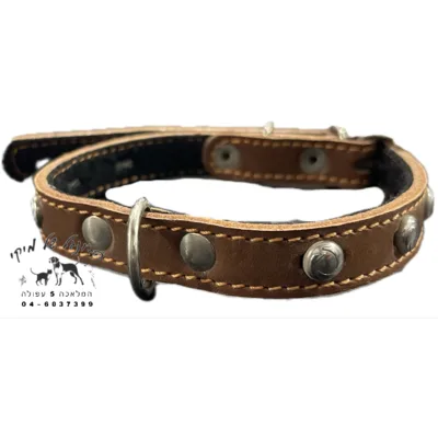 קולר עור XS חום עם ניטים וריפוד 14 מ"מ