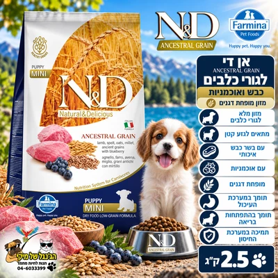N&D-אן די נטורל דלישס מזון יבש מופחת דגנים לכלבים גורים כבש ואוכמניות 2.5kg