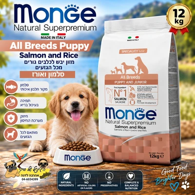 MONGE מונג מזון יבש לכלבים בוגרים בטעם סלמון ואורז 12kg